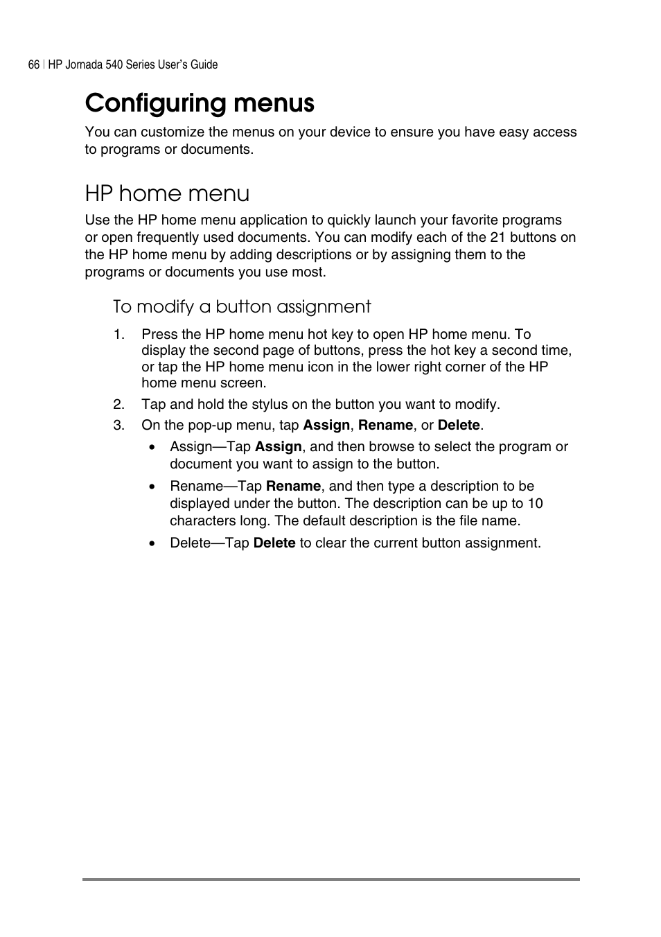 Configuring menus, Hp home menu | HP Jornada 540 Series User Manual | Page 70 / 135