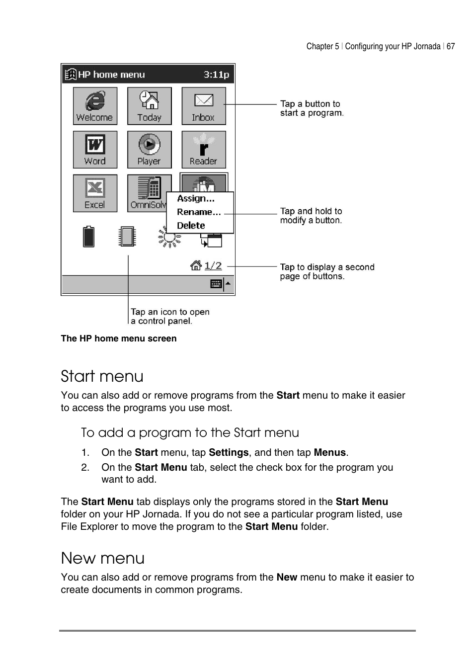 Start menu, New menu | HP Jornada 540 Series User Manual | Page 71 / 135
