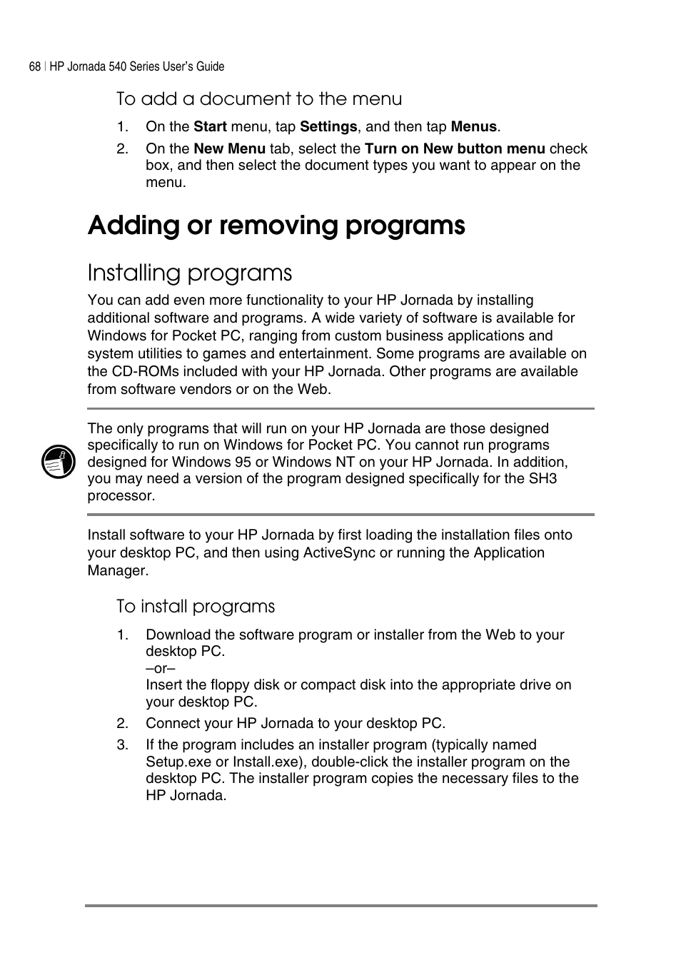 Adding or removing programs, Installing programs | HP Jornada 540 Series User Manual | Page 72 / 135