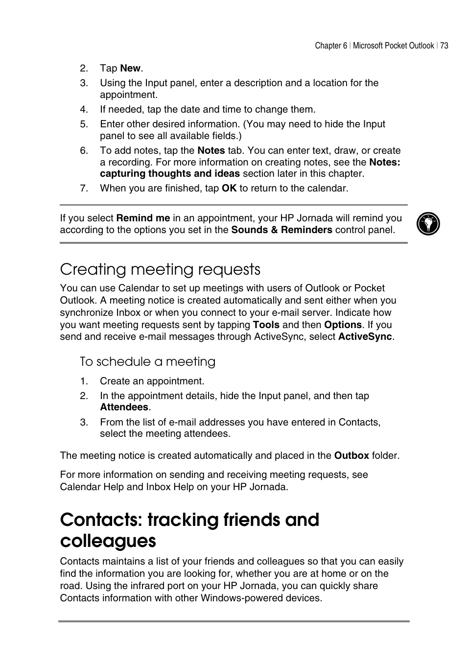 Contacts: tracking friends and colleagues, Creating meeting requests | HP Jornada 540 Series User Manual | Page 77 / 135