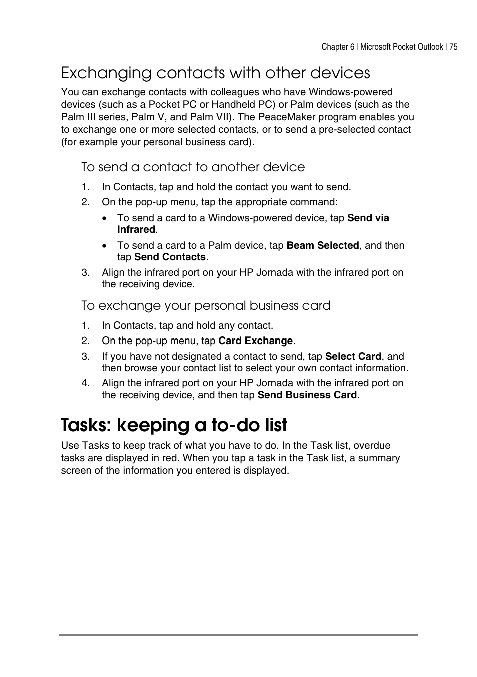 Tasks: keeping a to-do list, Exchanging contacts with other devices | HP Jornada 540 Series User Manual | Page 79 / 135