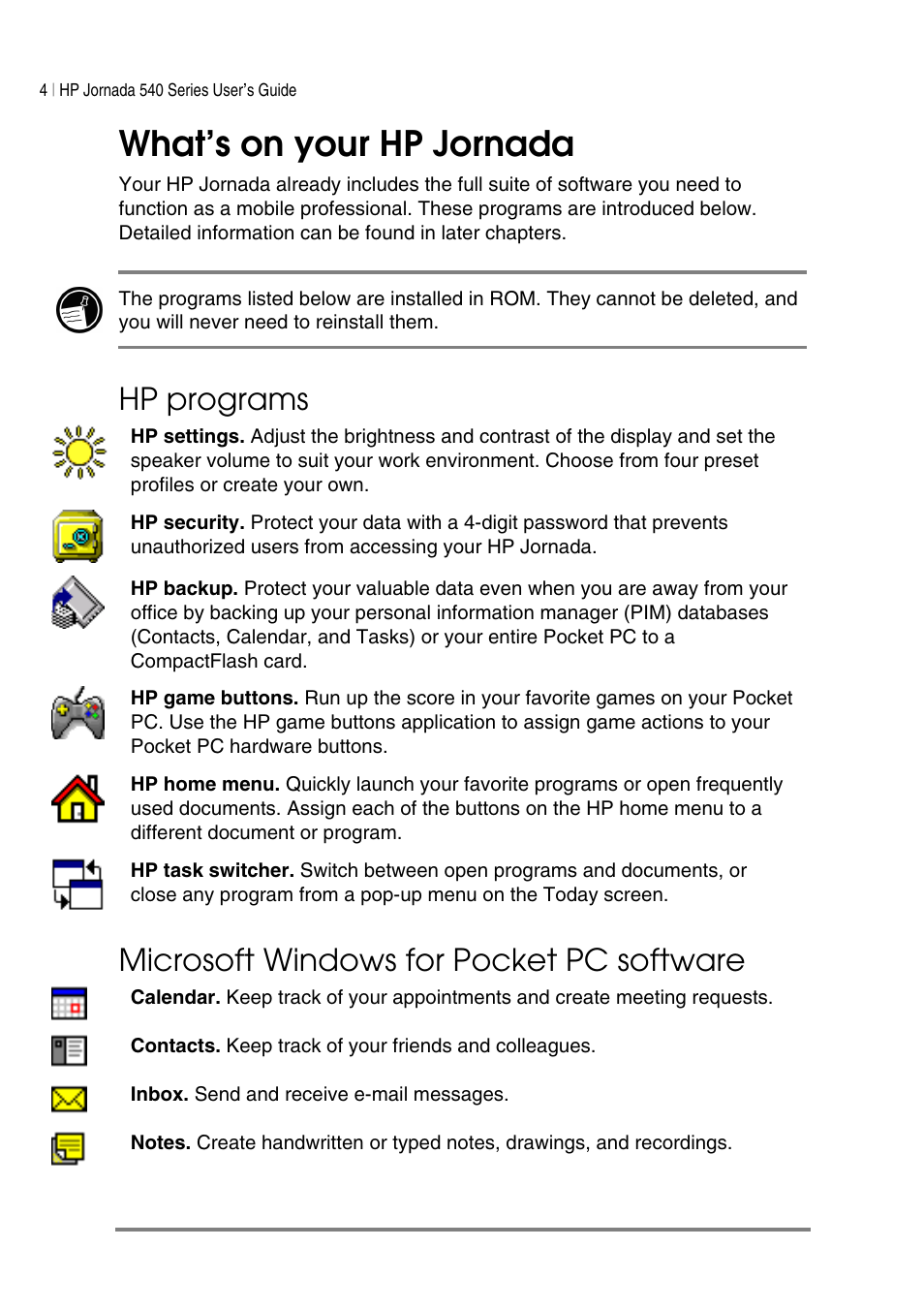 What’s on your hp jornada, Hp programs, Microsoft windows for pocket pc software | HP Jornada 540 Series User Manual | Page 8 / 135