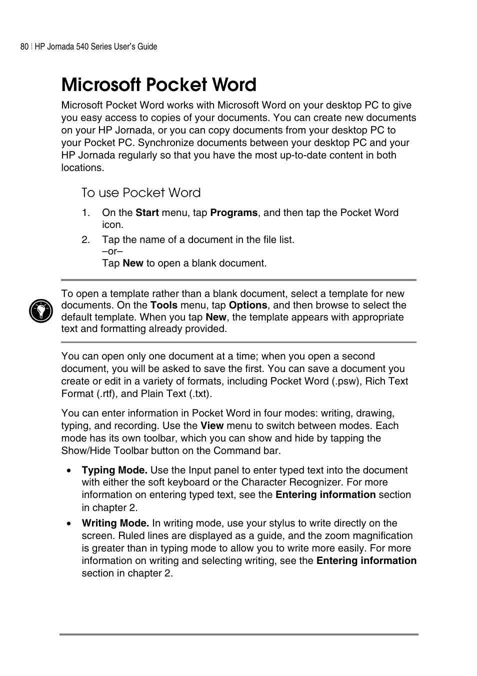 Microsoft pocket word | HP Jornada 540 Series User Manual | Page 84 / 135