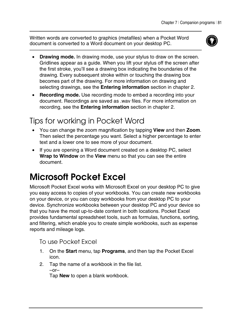 Microsoft pocket excel, Tips for working in pocket word | HP Jornada 540 Series User Manual | Page 85 / 135