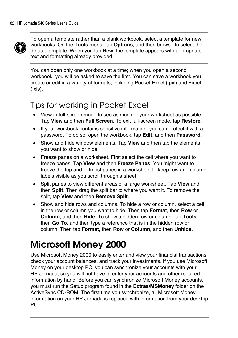 Microsoft money 2000, Tips for working in pocket excel | HP Jornada 540 Series User Manual | Page 86 / 135