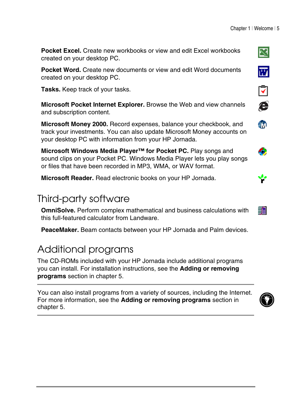 Third-party software, Additional programs | HP Jornada 540 Series User Manual | Page 9 / 135