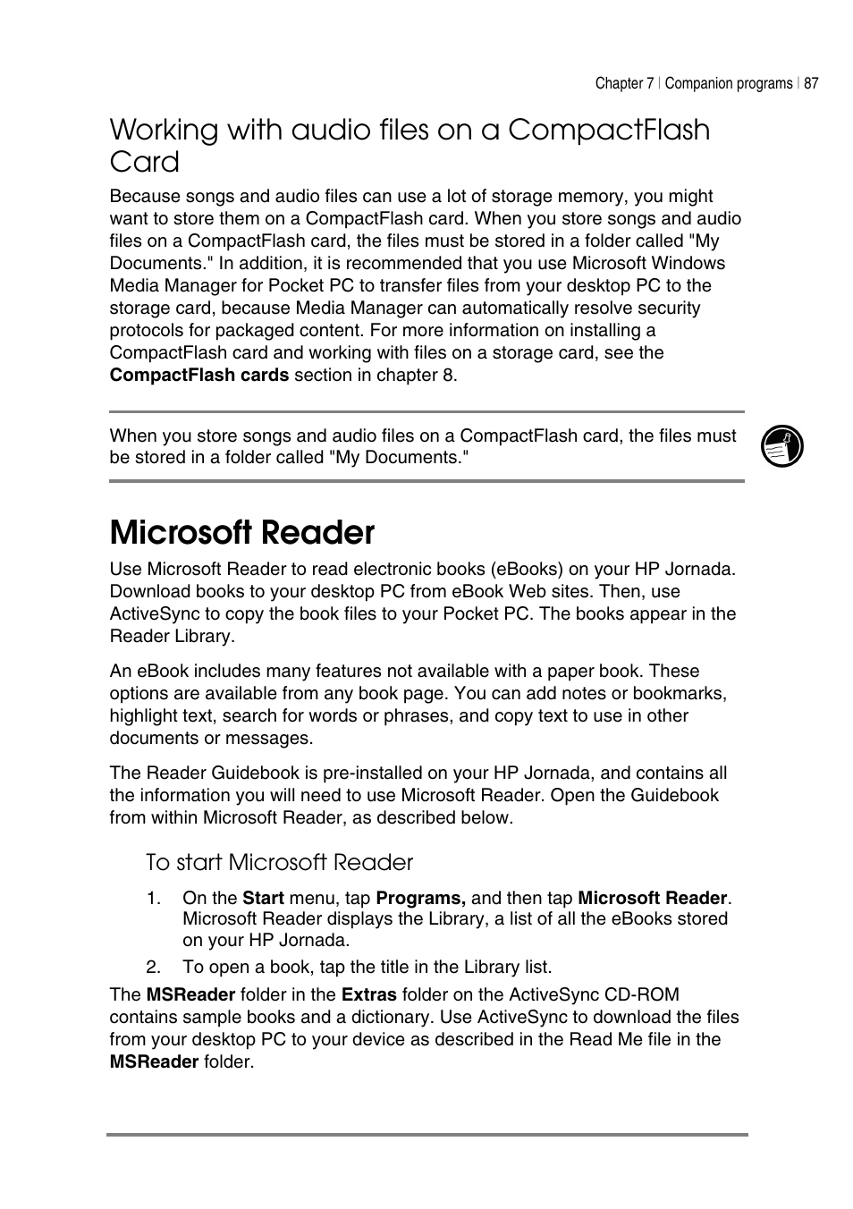 Microsoft reader, Working with audio files on a compactflash card | HP Jornada 540 Series User Manual | Page 91 / 135