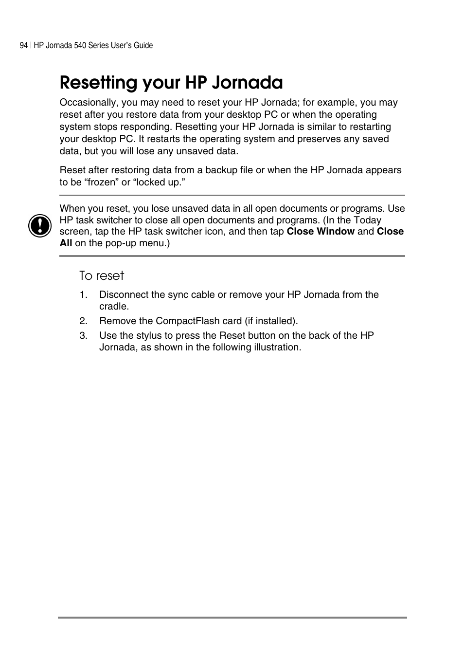 Resetting your hp jornada | HP Jornada 540 Series User Manual | Page 98 / 135