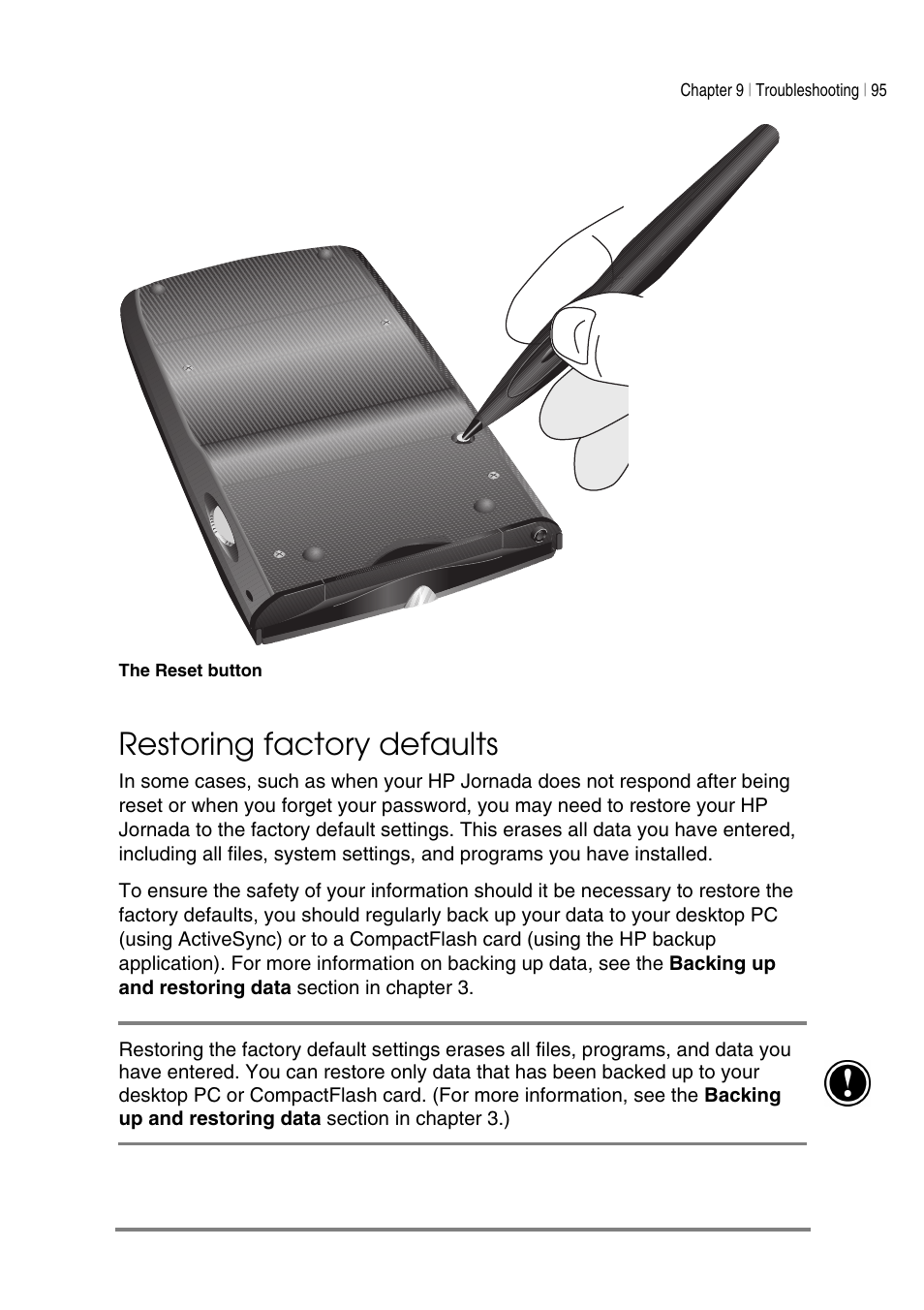 Restoring factory defaults | HP Jornada 540 Series User Manual | Page 99 / 135