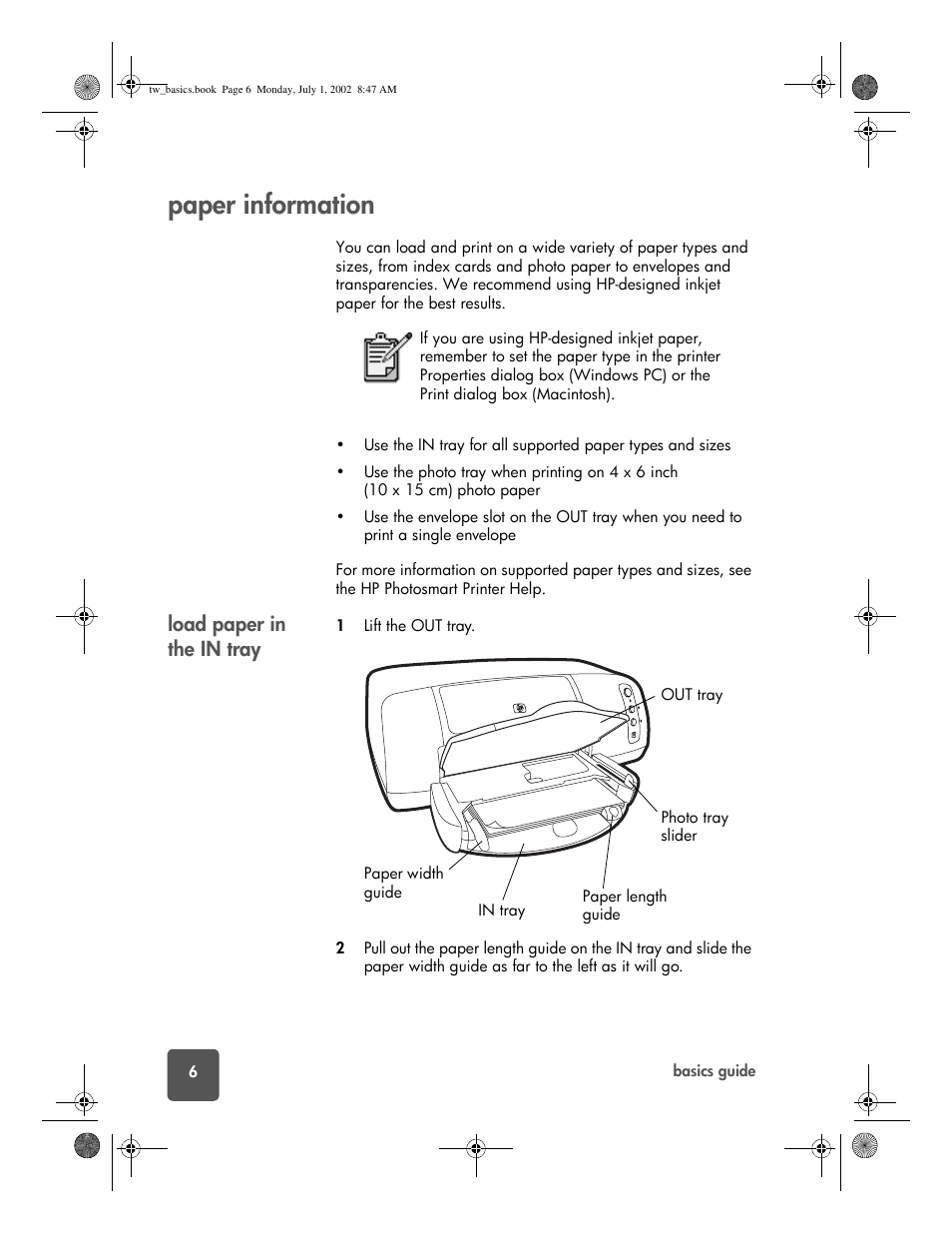 Paper information, Load paper in the in tray | HP 7150 User Manual | Page 10 / 48