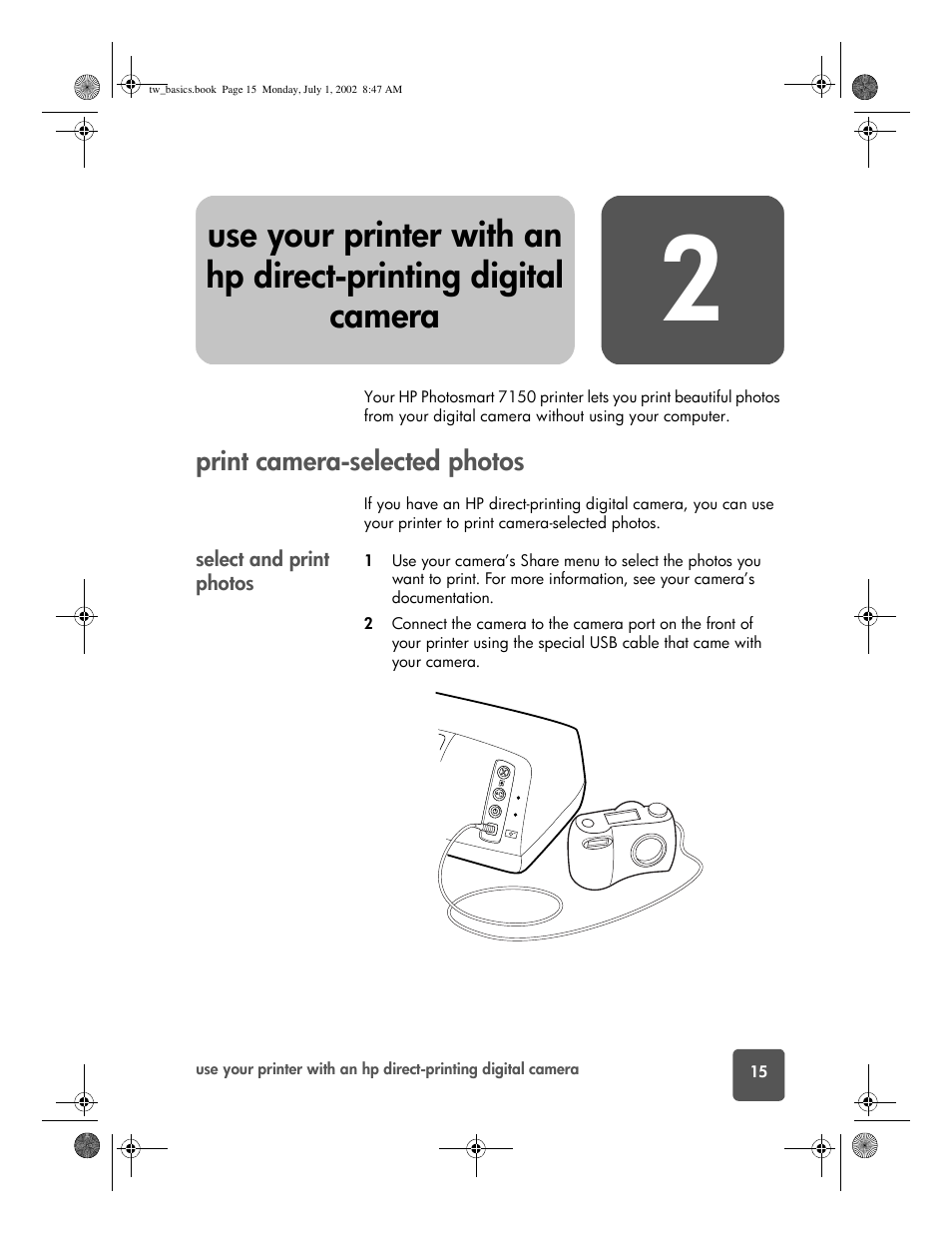 Print camera-selected photos, Select and print photos | HP 7150 User Manual | Page 19 / 48