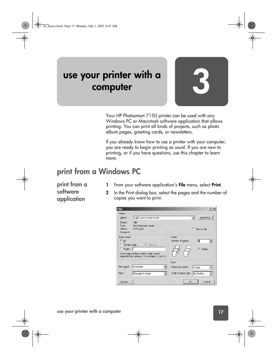 Use your printer with a computer, Print from a windows pc, Print from a software application | 3 use your printer with a computer | HP 7150 User Manual | Page 21 / 48