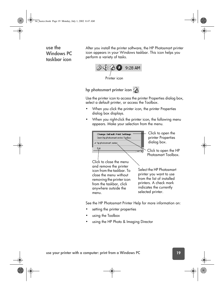 Use the windows pc taskbar icon | HP 7150 User Manual | Page 23 / 48