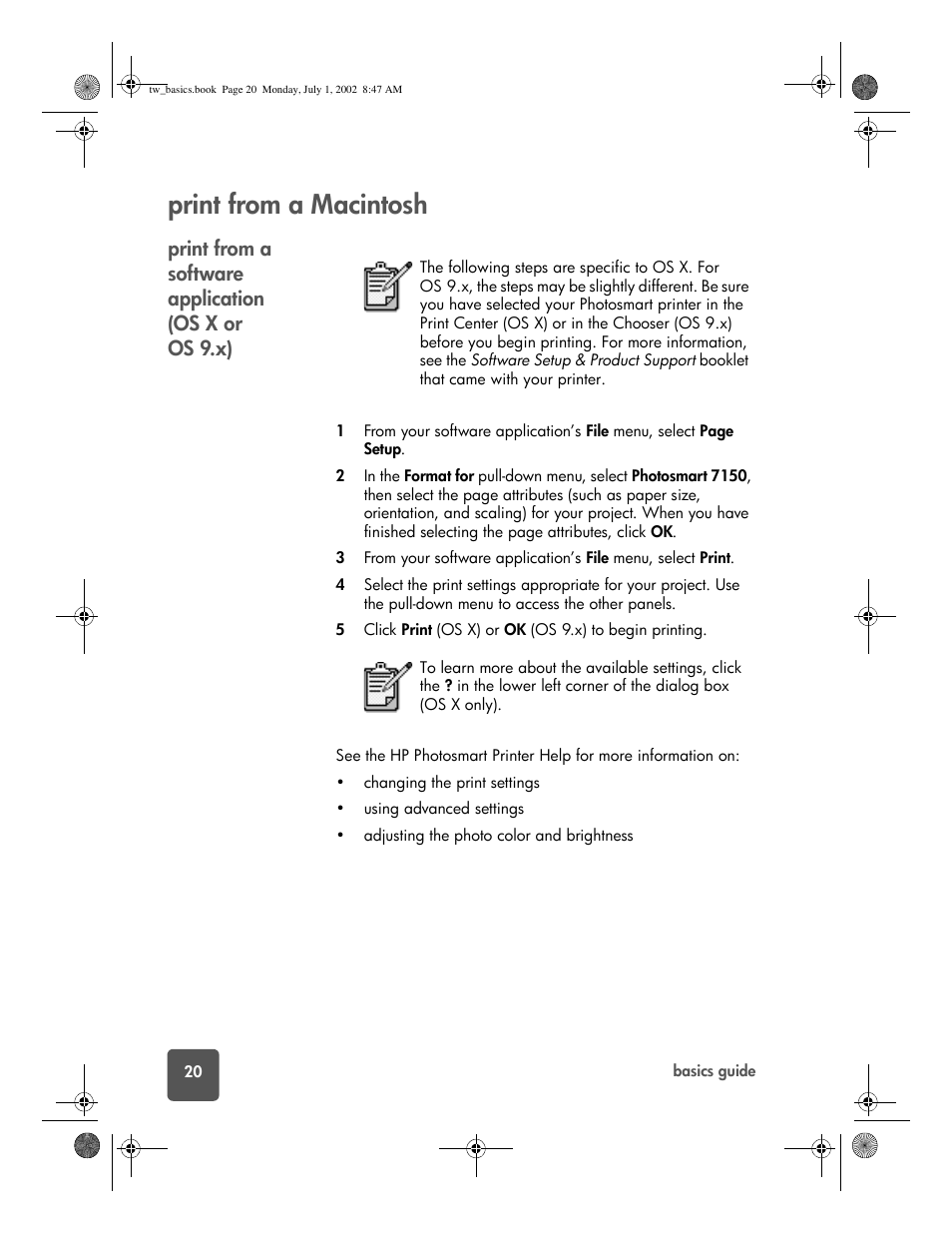 Print from a macintosh, Print from a software application (osx or os9.x), Print from a software application (os x or os 9.x) | HP 7150 User Manual | Page 24 / 48