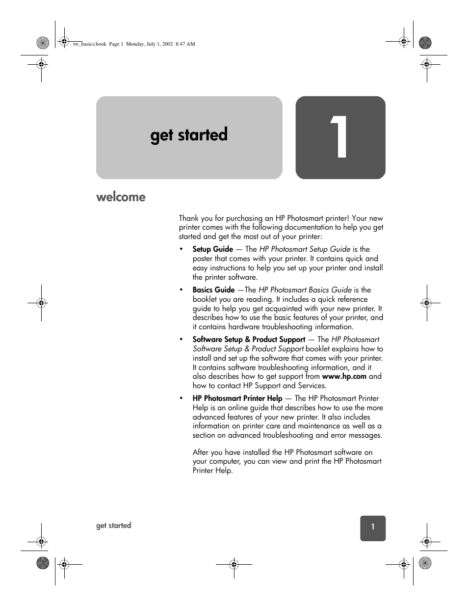 Get started, Welcome, 1 get started | HP 7150 User Manual | Page 5 / 48