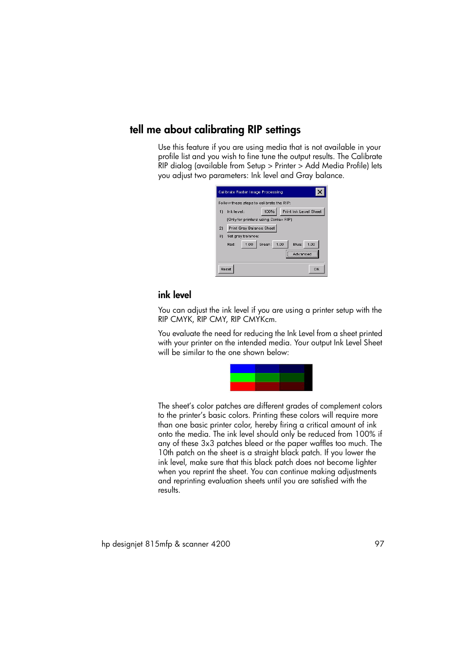 Tell me about calibrating rip settings, Ink level | HP 815MFP User Manual | Page 103 / 110