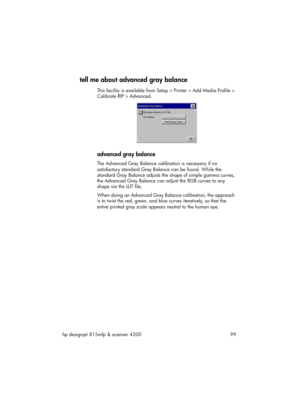 Tell me about advanced gray balance, Advanced gray balance | HP 815MFP User Manual | Page 105 / 110