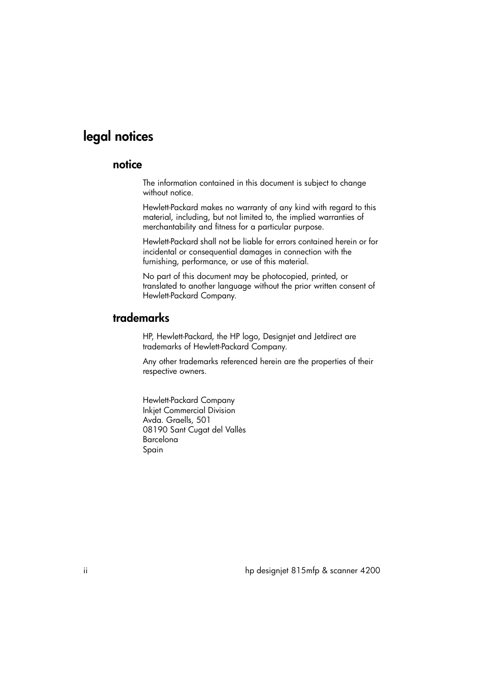 Legal notices, Notice, Trademarks | HP 815MFP User Manual | Page 2 / 110