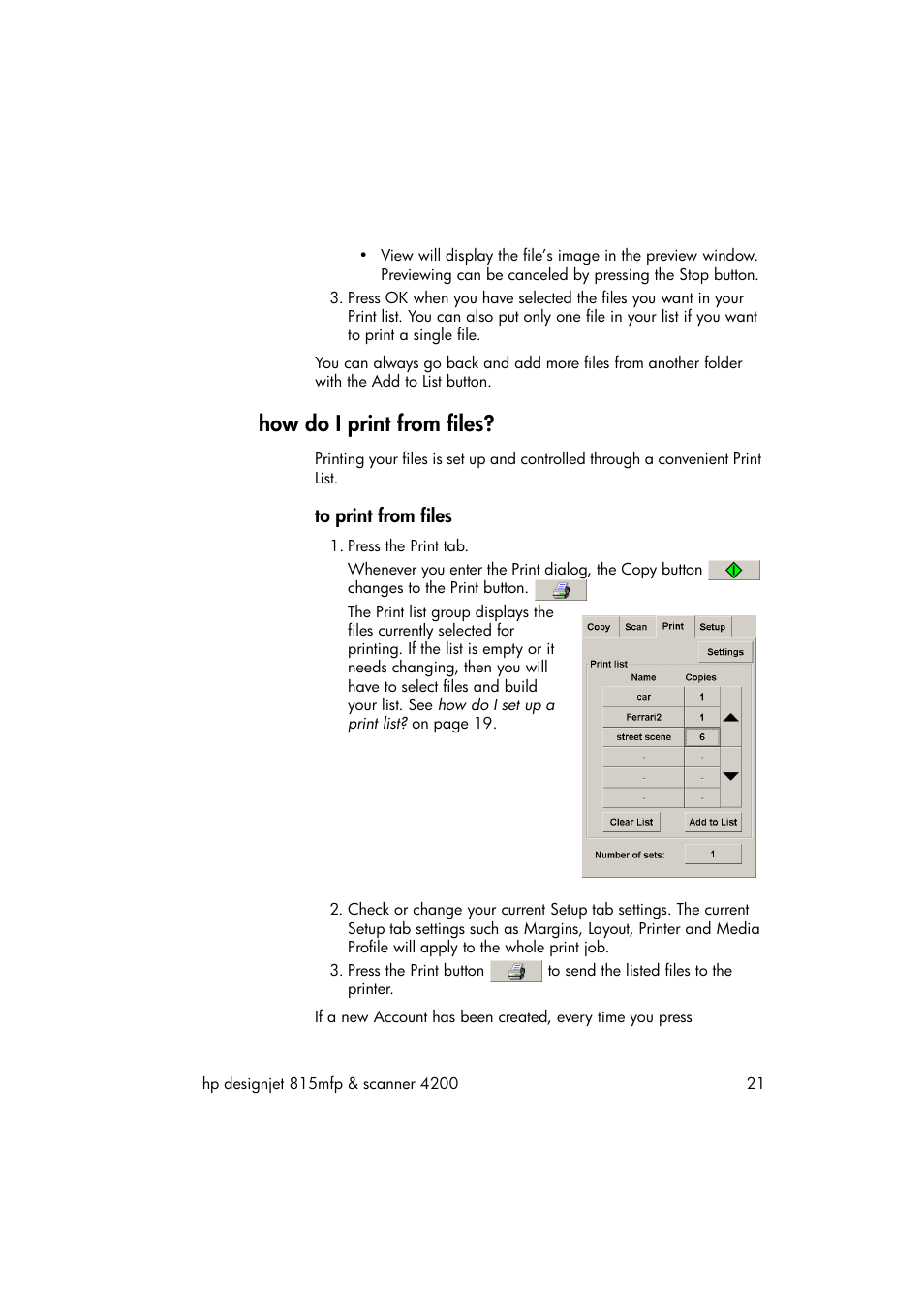 How do i print from files, To print from files | HP 815MFP User Manual | Page 27 / 110