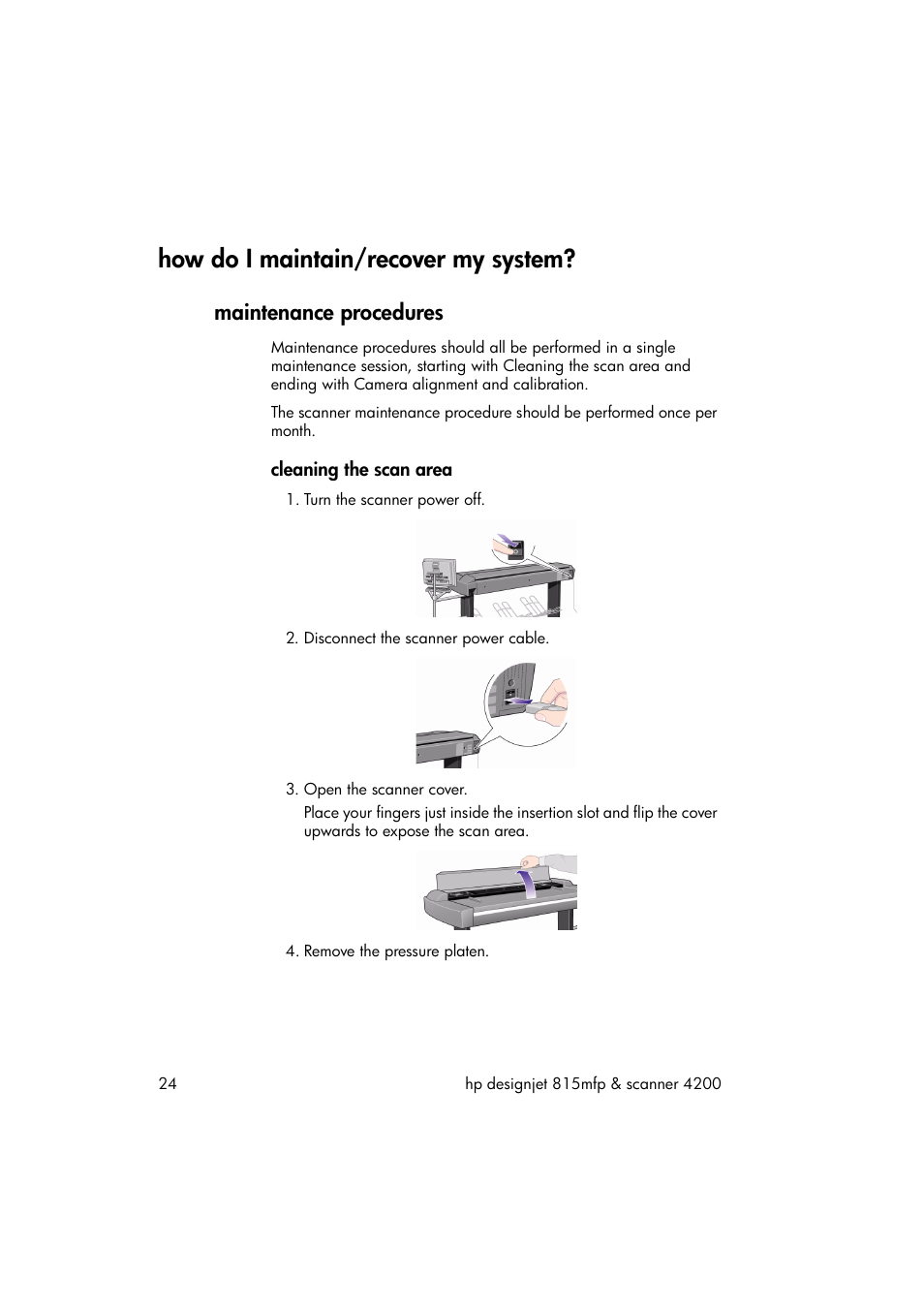 How do i maintain/recover my system, Maintenance procedures, Cleaning the scan area | HP 815MFP User Manual | Page 30 / 110