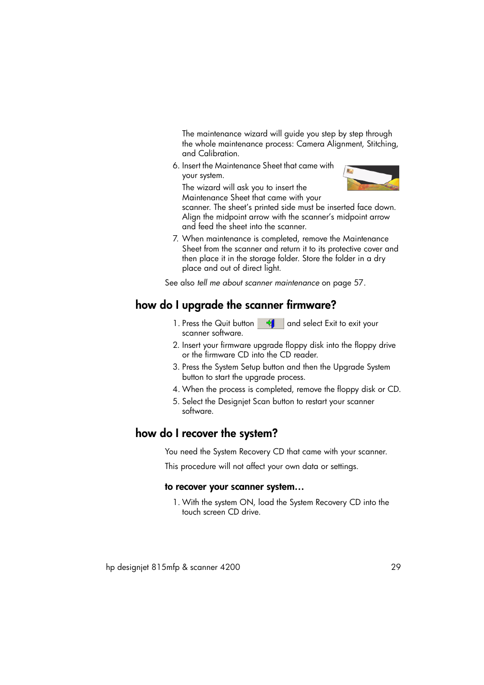 How do i upgrade the scanner firmware, How do i recover the system, To recover your scanner system | HP 815MFP User Manual | Page 35 / 110