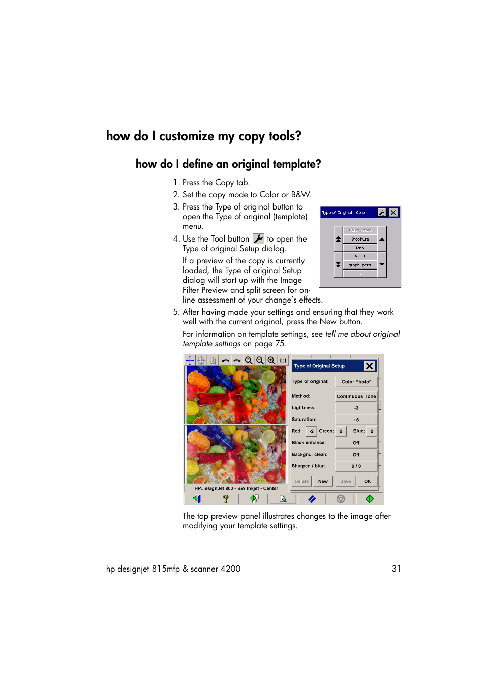 How do i customize my copy tools, How do i define an original template | HP 815MFP User Manual | Page 37 / 110