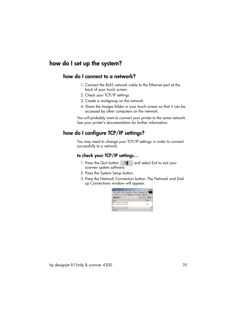 How do i set up the system, How do i connect to a network, How do i configure tcp/ip settings | To check your tcp/ip settings | HP 815MFP User Manual | Page 41 / 110