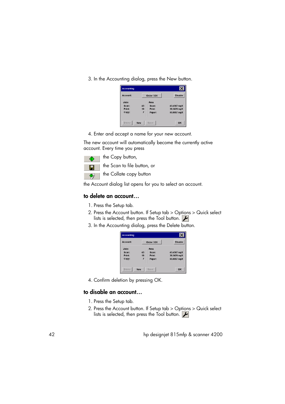 To delete an account, To disable an account | HP 815MFP User Manual | Page 48 / 110