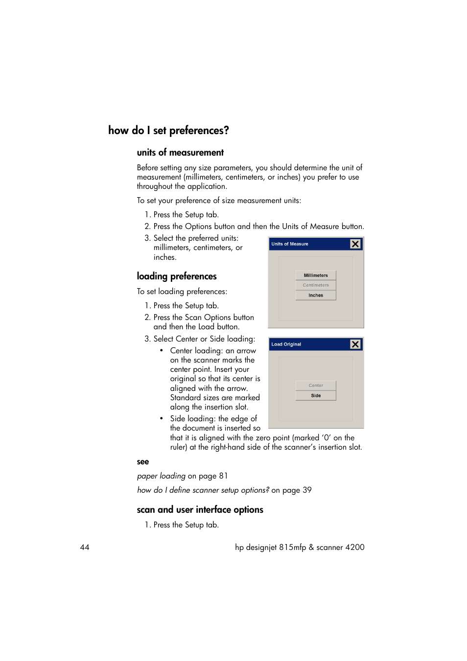 How do i set preferences, Units of measurement, Loading preferences | Scan and user interface options | HP 815MFP User Manual | Page 50 / 110