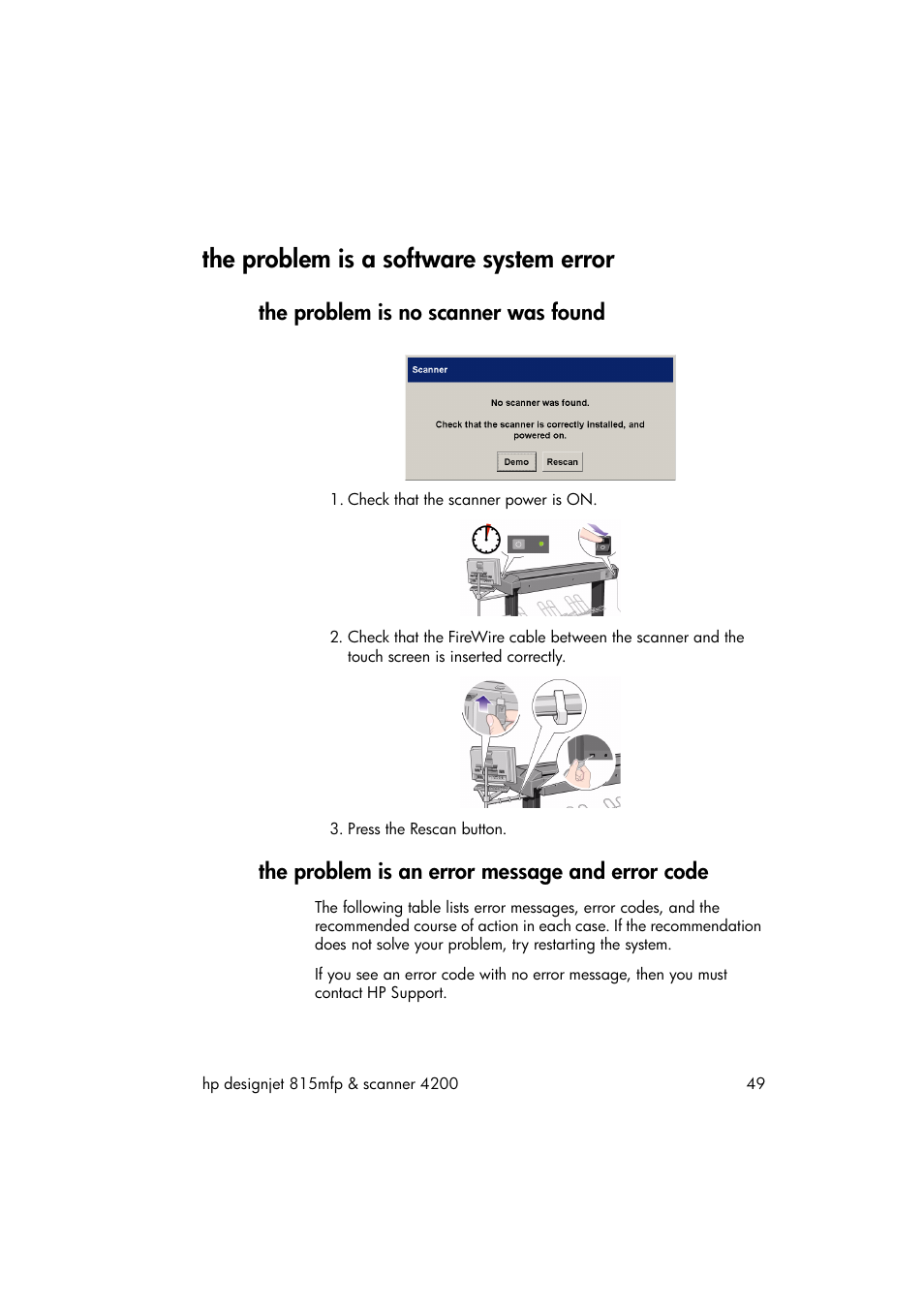 The problem is a software system error, The problem is no scanner was found, The problem is an error message and error code | HP 815MFP User Manual | Page 55 / 110