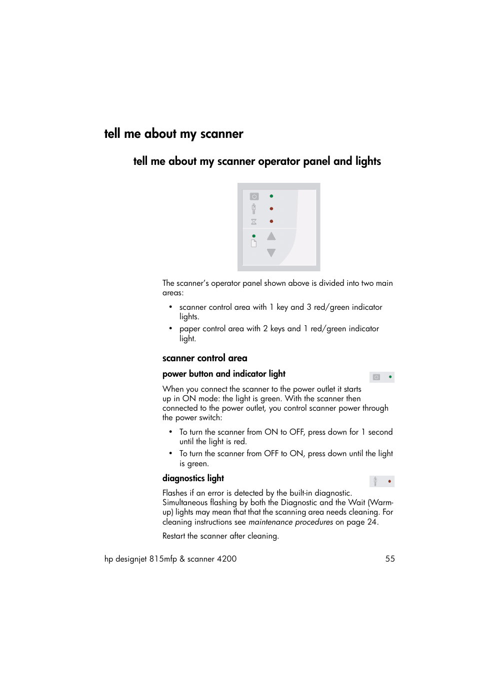 Tell me about my scanner, Tell me about my scanner operator panel and lights, Scanner control area | HP 815MFP User Manual | Page 61 / 110