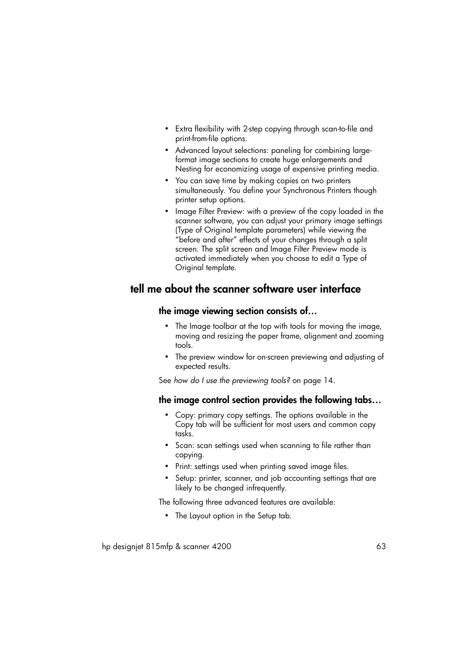 Tell me about the scanner software user interface, The image viewing section consists of | HP 815MFP User Manual | Page 69 / 110