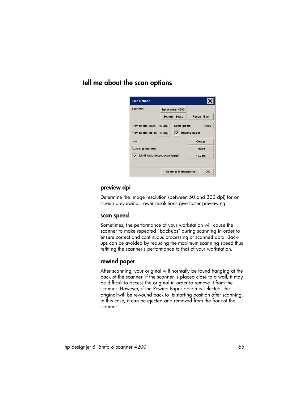 Tell me about the scan options, Preview dpi, Scan speed | Rewind paper | HP 815MFP User Manual | Page 71 / 110