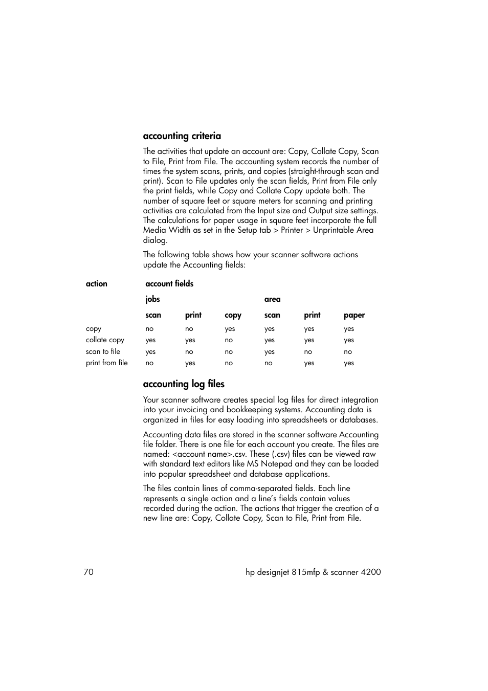 Accounting criteria, Accounting log files | HP 815MFP User Manual | Page 76 / 110