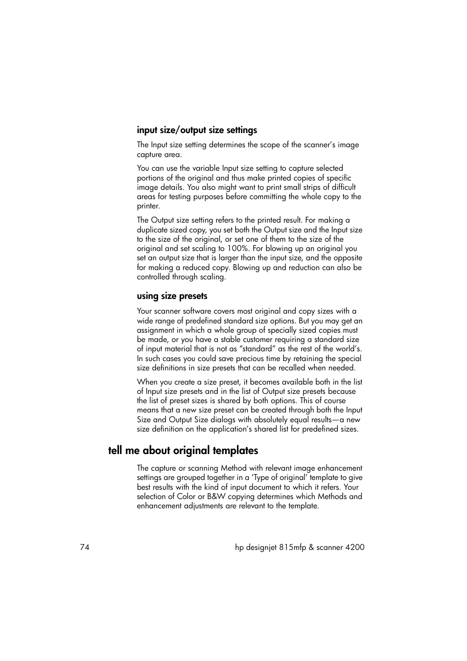 Input size/output size settings, Using size presets, Tell me about original templates | HP 815MFP User Manual | Page 80 / 110