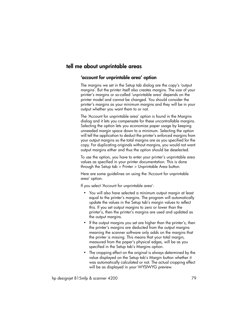 Tell me about unprintable areas, Account for unprintable area’ option | HP 815MFP User Manual | Page 85 / 110