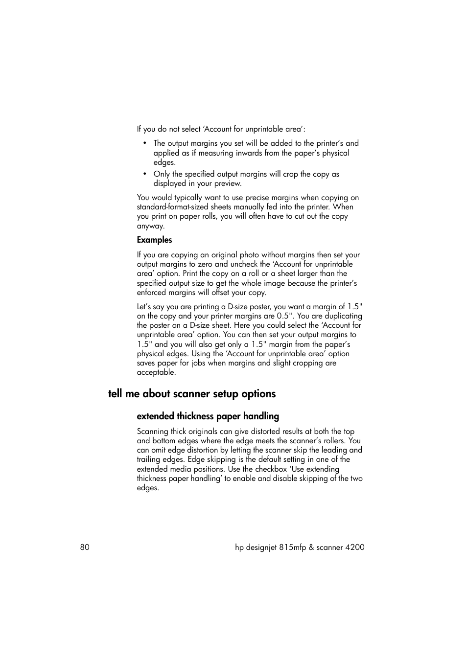 Tell me about scanner setup options, Extended thickness paper handling | HP 815MFP User Manual | Page 86 / 110