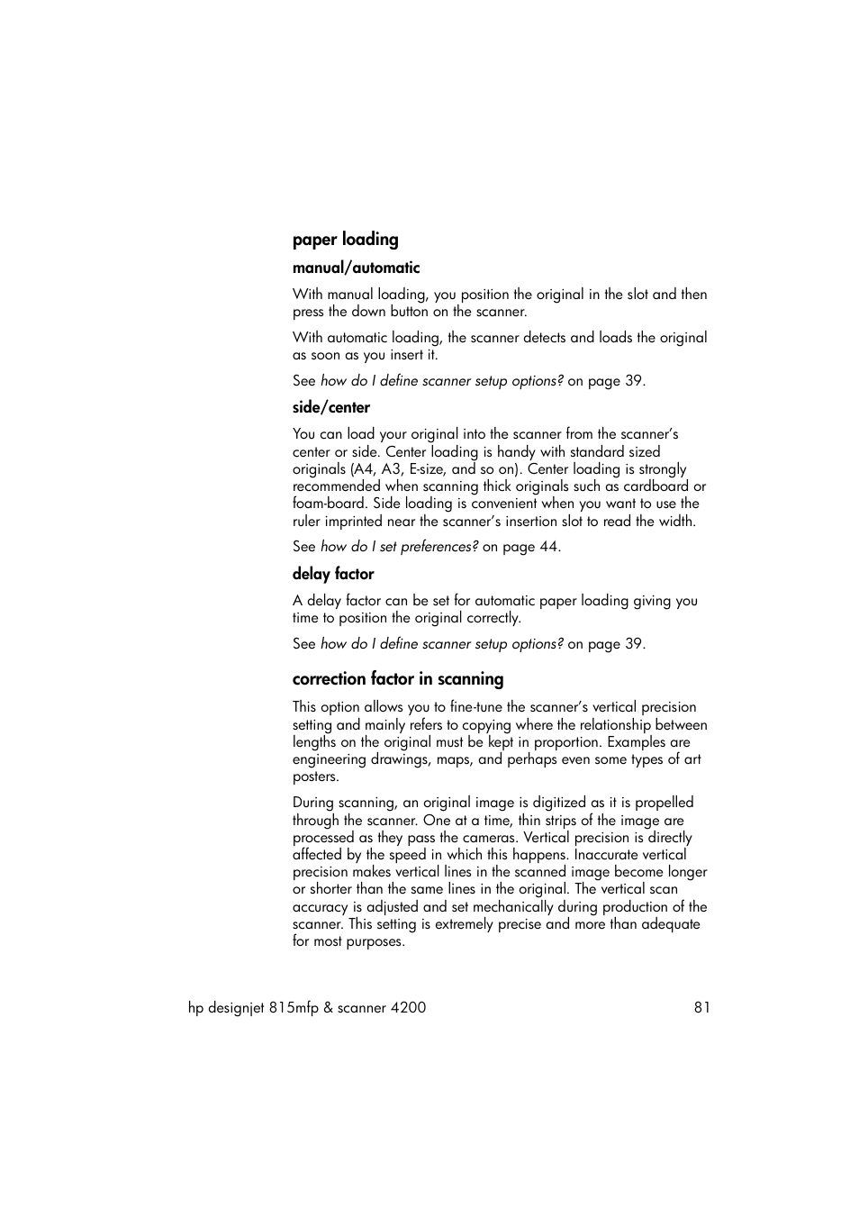 Paper loading, Correction factor in scanning | HP 815MFP User Manual | Page 87 / 110