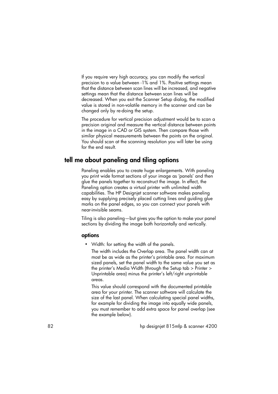 Tell me about paneling and tiling options, Options | HP 815MFP User Manual | Page 88 / 110