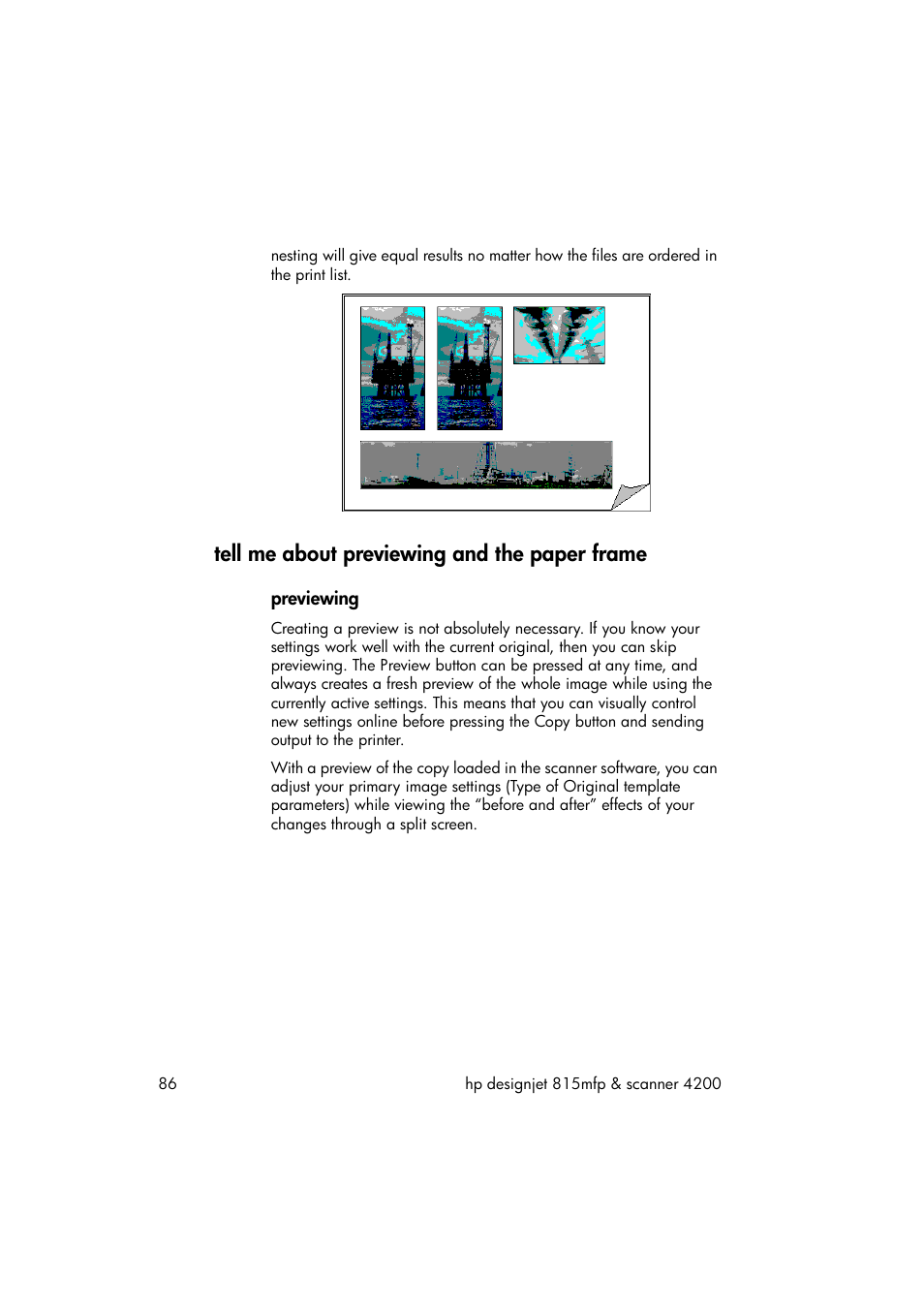 Tell me about previewing and the paper frame, Previewing | HP 815MFP User Manual | Page 92 / 110