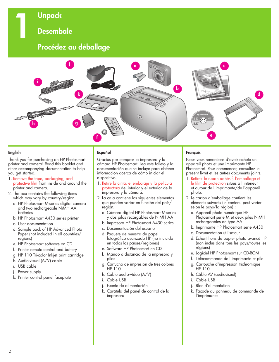 Unpack desembale procédez au déballage | HP Photosmart A430 Series User Manual | Page 2 / 16