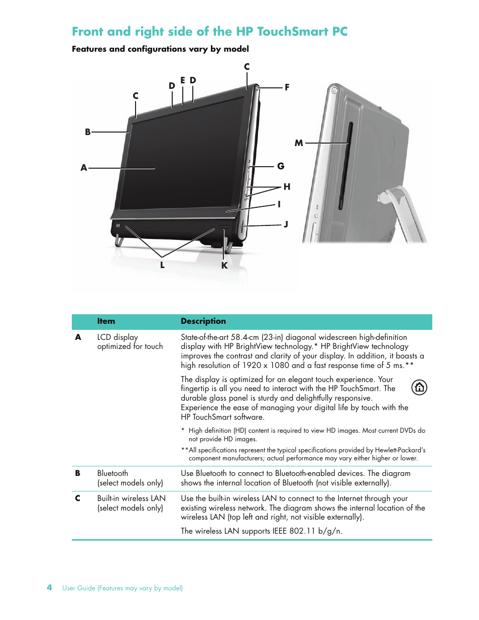 Front and right side of the hp touchsmart pc | HP 575611-001 User Manual | Page 10 / 76