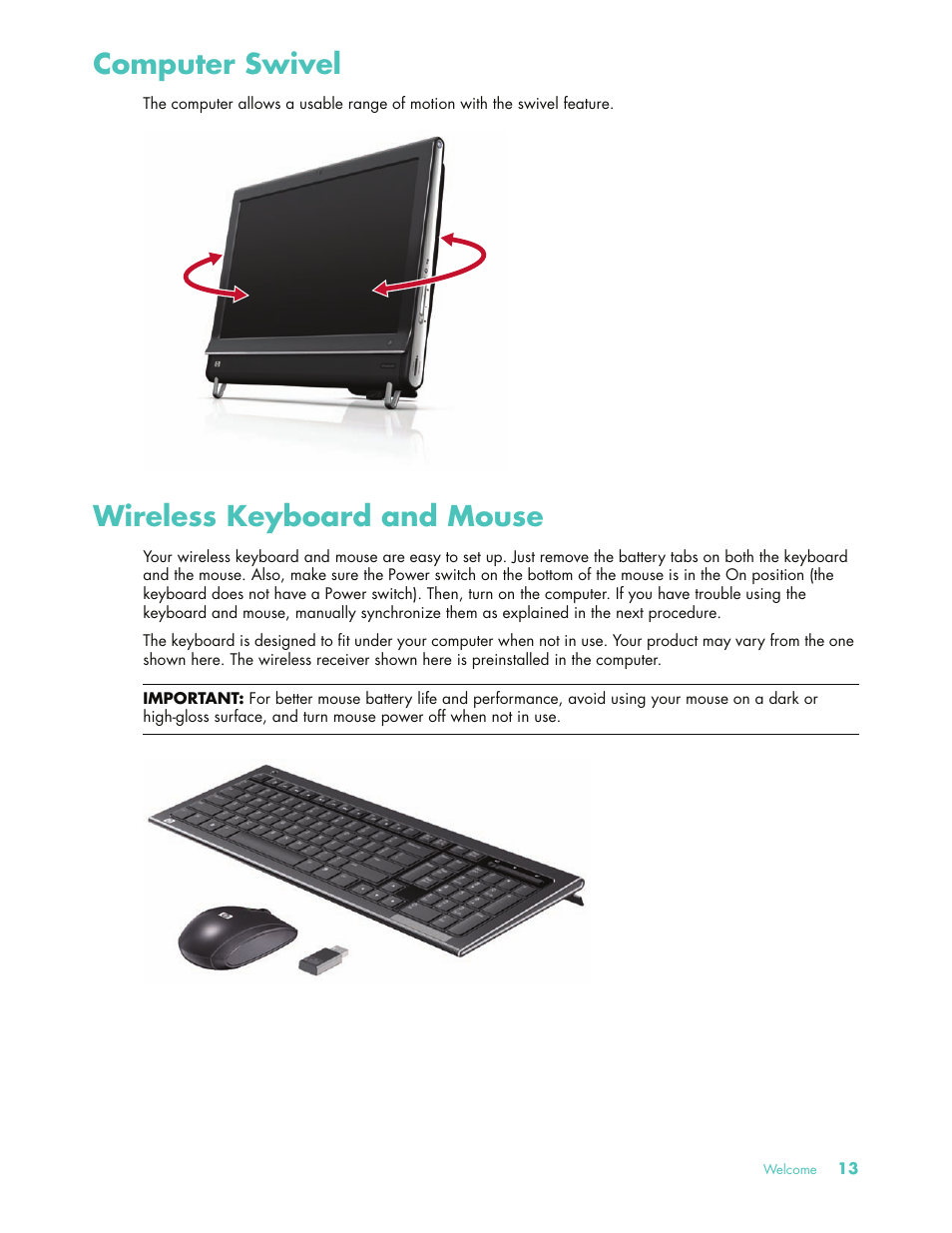 Computer swivel, Wireless keyboard and mouse, Computer swivel wireless keyboard and mouse | HP 575611-001 User Manual | Page 19 / 76