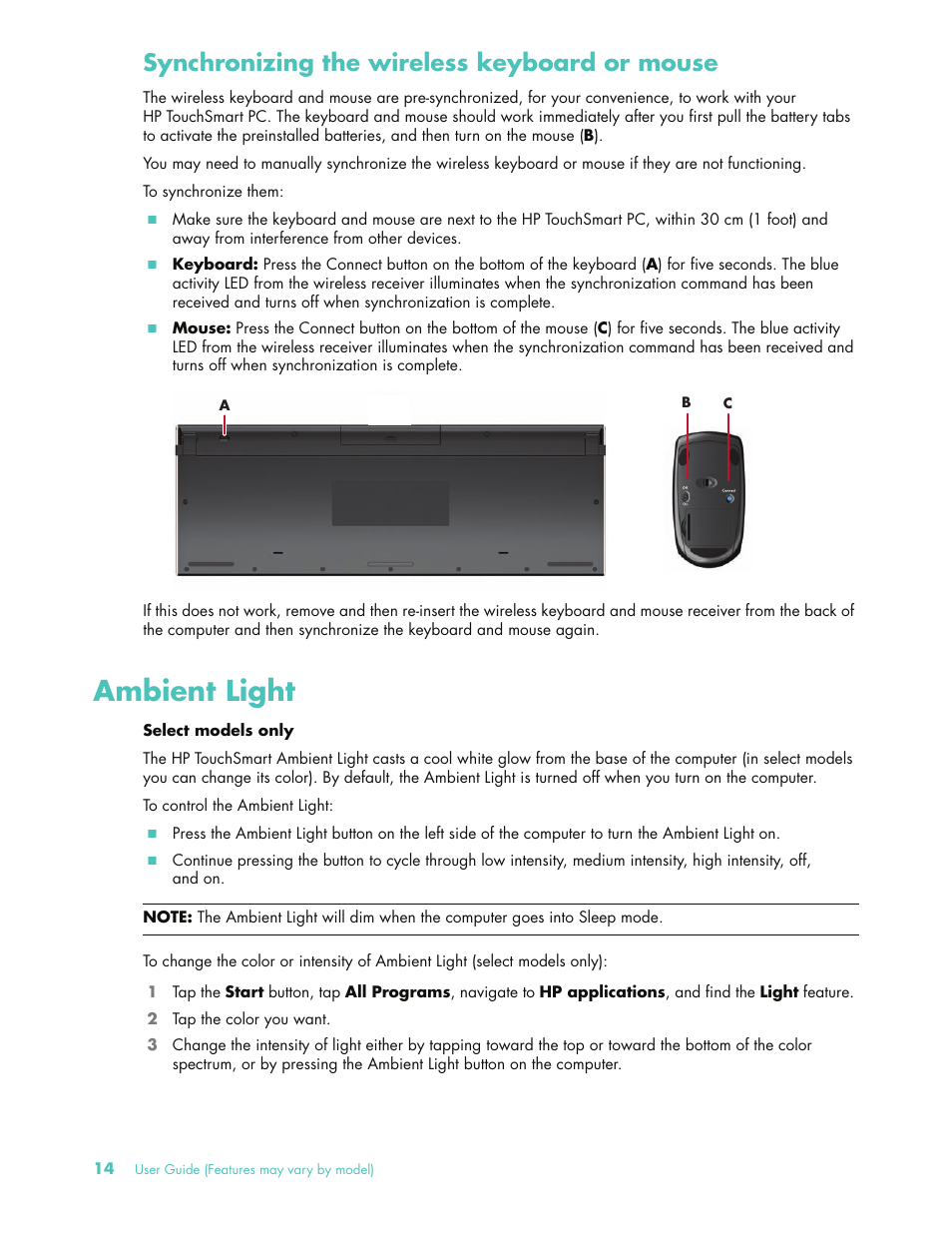 Synchronizing the wireless keyboard or mouse, Ambient light | HP 575611-001 User Manual | Page 20 / 76