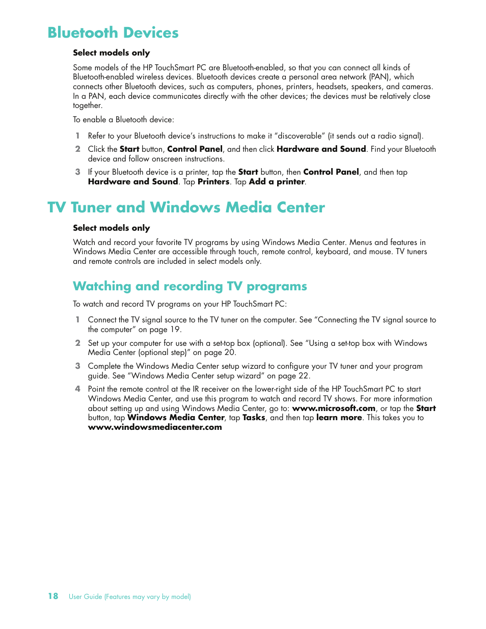 Bluetooth devices, Tv tuner and windows media center, Watching and recording tv programs | HP 575611-001 User Manual | Page 24 / 76