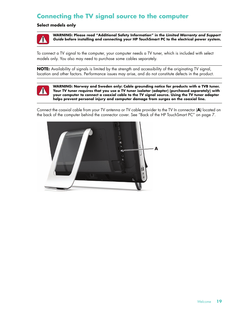 Connecting the tv signal source to the computer | HP 575611-001 User Manual | Page 25 / 76