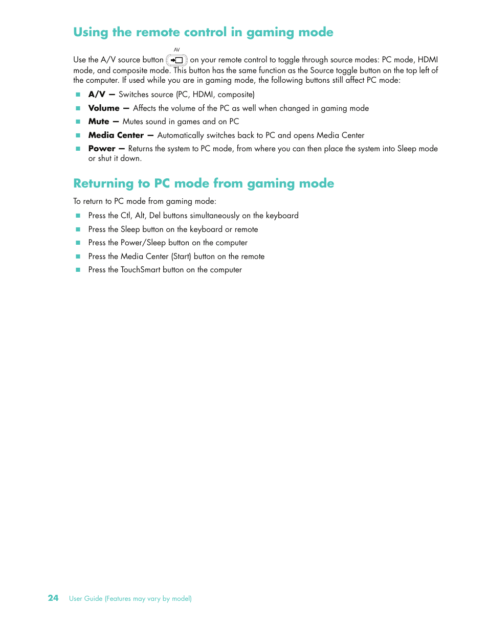 Using the remote control in gaming mode, Returning to pc mode from gaming mode | HP 575611-001 User Manual | Page 30 / 76