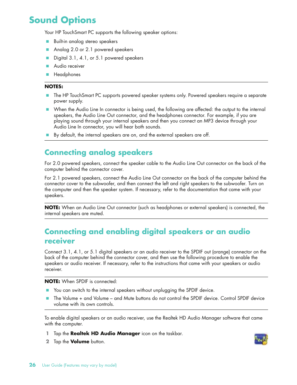 Sound options, Connecting analog speakers | HP 575611-001 User Manual | Page 32 / 76