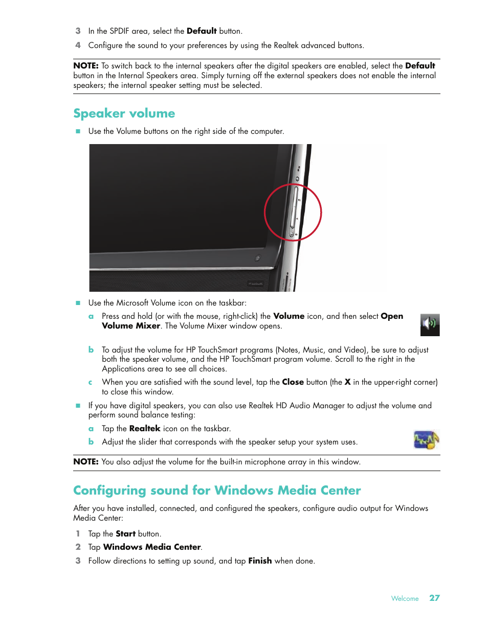 Speaker volume, Configuring sound for windows media center | HP 575611-001 User Manual | Page 33 / 76