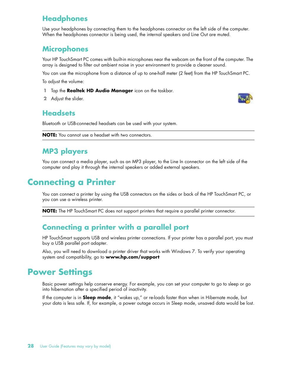 Headphones, Microphones, Headsets | Mp3 players, Connecting a printer, Connecting a printer with a parallel port, Power settings, Headphones microphones headsets mp3 players | HP 575611-001 User Manual | Page 34 / 76